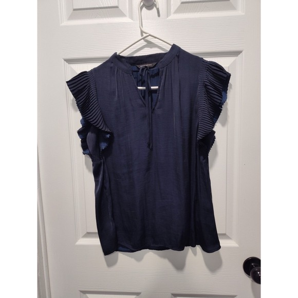 Banana Republic Tops - Banana Republic Women's Flutter Sleeve Blouse Ruffles Navy Blue V-Neck tie Small